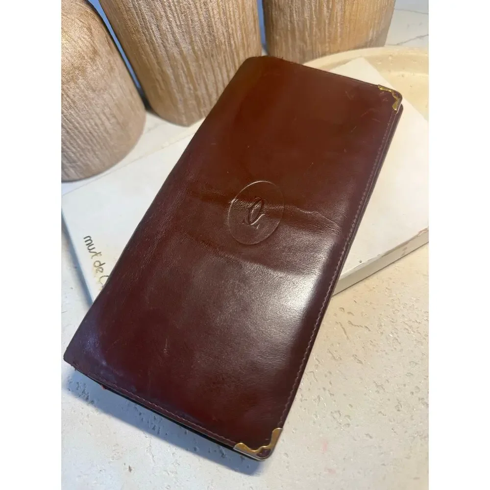 Vintage Must de Cartier Burgundy Leather Long Bifold Checkbook Wallet